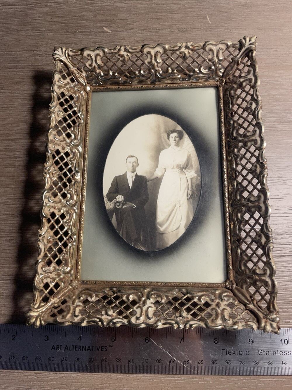 Vintage Ornate Gold Tone Filigree Picture Frame 8x10 Antique Style w/ Old Photo